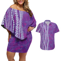 Hawaii Prince Kuhio Couples Matching Off Shoulder Short Dress and Hawaiian Shirt Violet Hawaiian Lau Maia With Leis LT05 Violet - Polynesian Pride