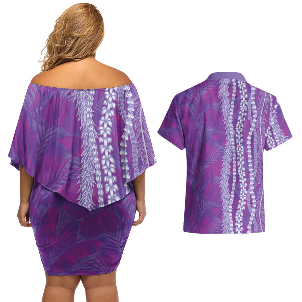 Hawaii Prince Kuhio Couples Matching Off Shoulder Short Dress and Hawaiian Shirt Violet Hawaiian Lau Maia With Leis LT05 - Polynesian Pride