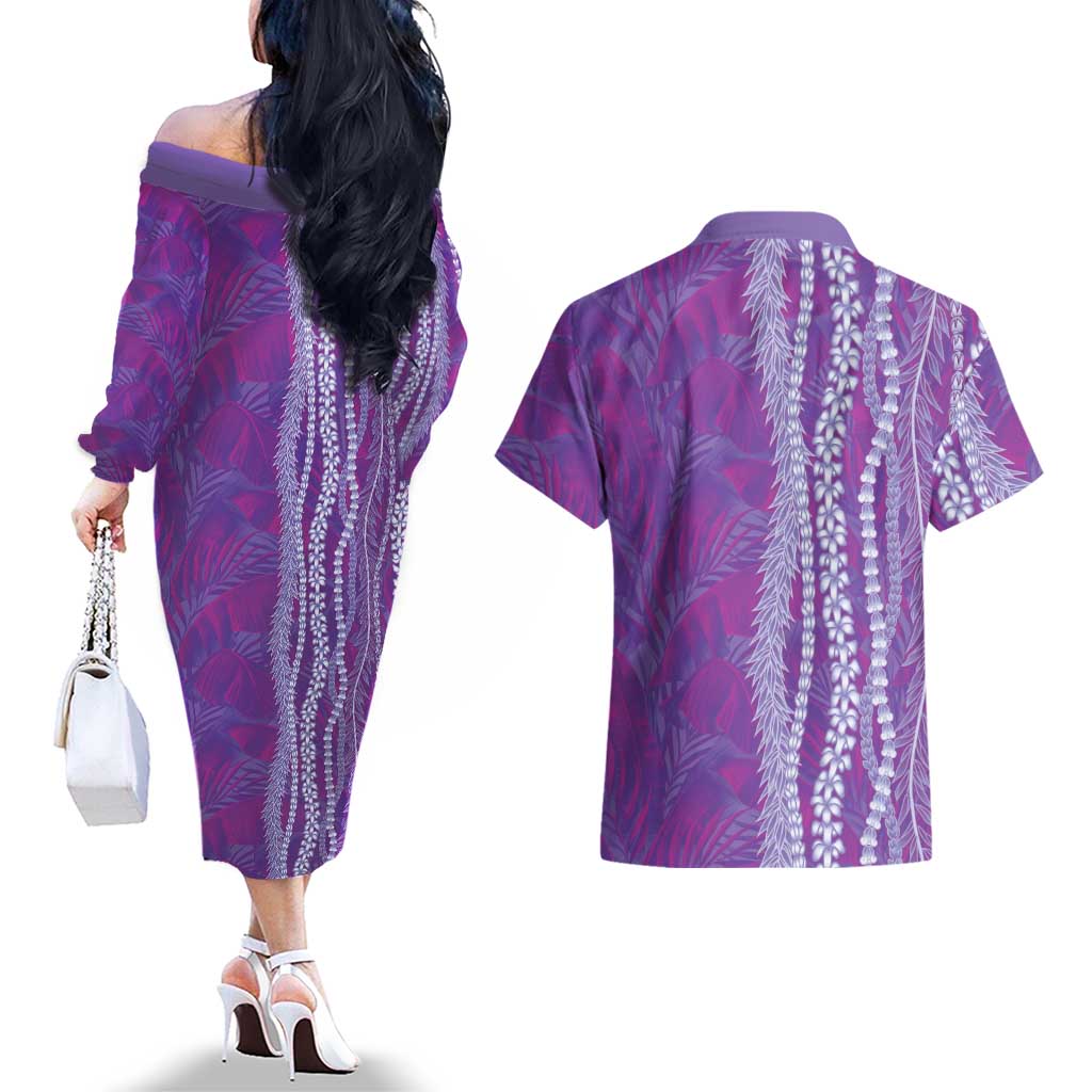 Hawaii Prince Kuhio Couples Matching Off The Shoulder Long Sleeve Dress and Hawaiian Shirt Violet Hawaiian Lau Maia With Leis