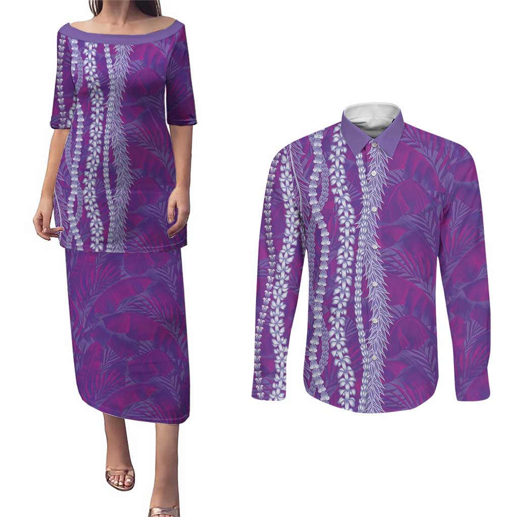 Hawaii Prince Kuhio Couples Matching Puletasi and Long Sleeve Button Shirt Violet Hawaiian Lau Maia With Leis LT05 Violet - Polynesian Pride