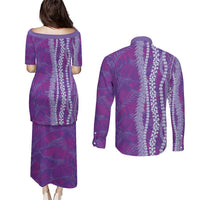 Hawaii Prince Kuhio Couples Matching Puletasi and Long Sleeve Button Shirt Violet Hawaiian Lau Maia With Leis LT05 - Polynesian Pride