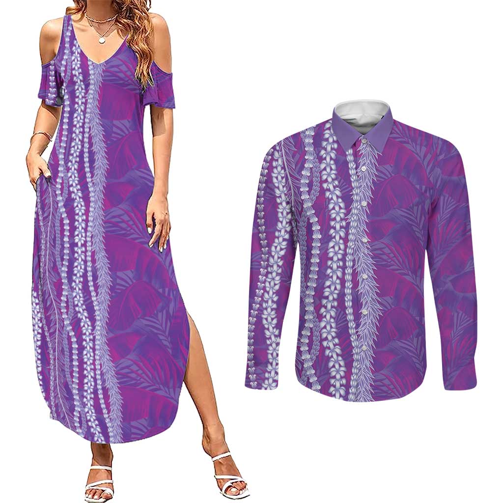 Hawaii Prince Kuhio Couples Matching Summer Maxi Dress and Long Sleeve Button Shirt Violet Hawaiian Lau Maia With Leis LT05 Violet - Polynesian Pride