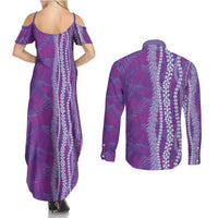 Hawaii Prince Kuhio Couples Matching Summer Maxi Dress and Long Sleeve Button Shirt Violet Hawaiian Lau Maia With Leis LT05 - Polynesian Pride