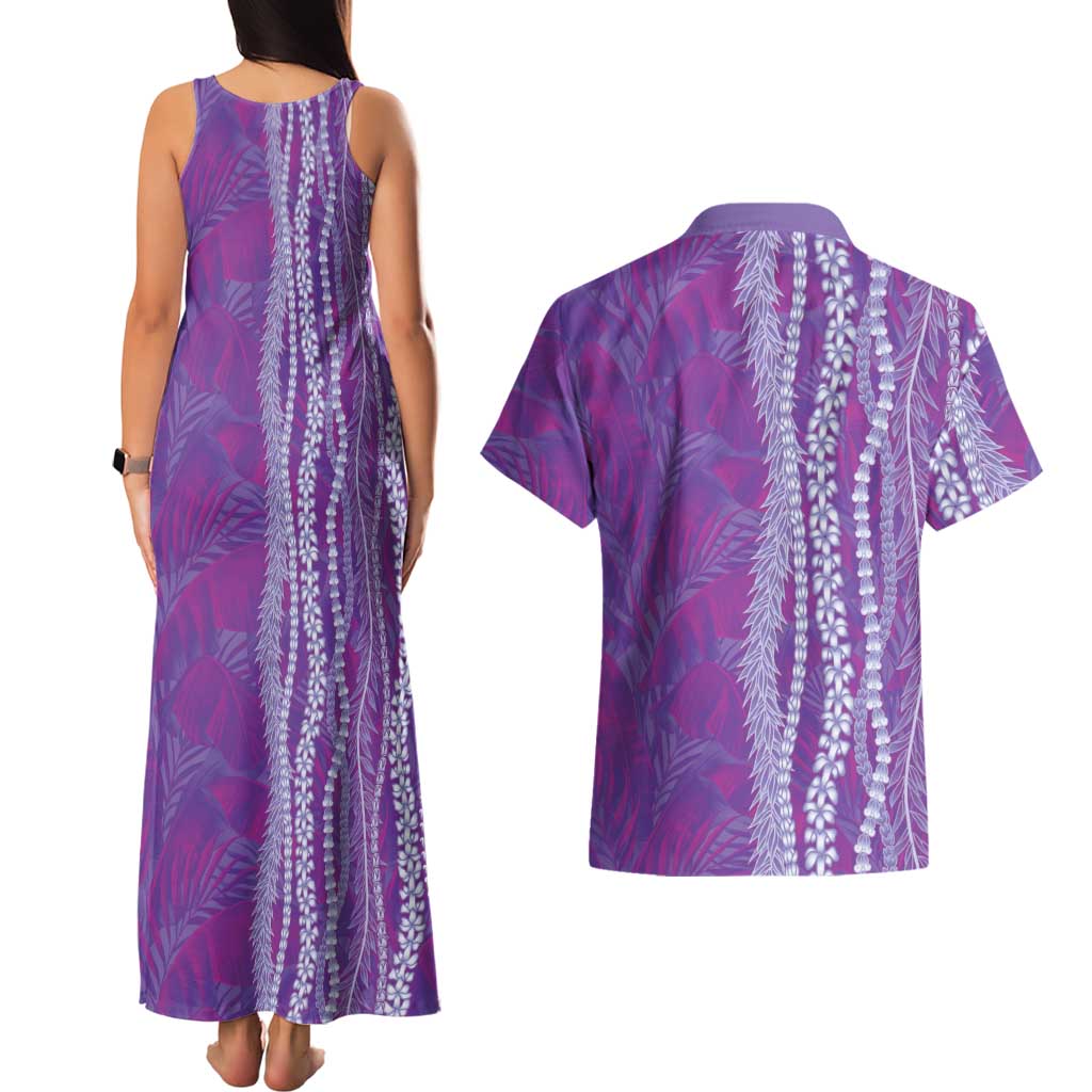 Hawaii Prince Kuhio Couples Matching Tank Maxi Dress and Hawaiian Shirt Violet Hawaiian Lau Maia With Leis