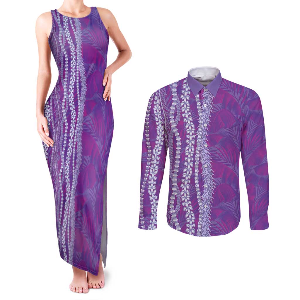 Hawaii Prince Kuhio Couples Matching Tank Maxi Dress and Long Sleeve Button Shirt Violet Hawaiian Lau Maia With Leis LT05 Violet - Polynesian Pride