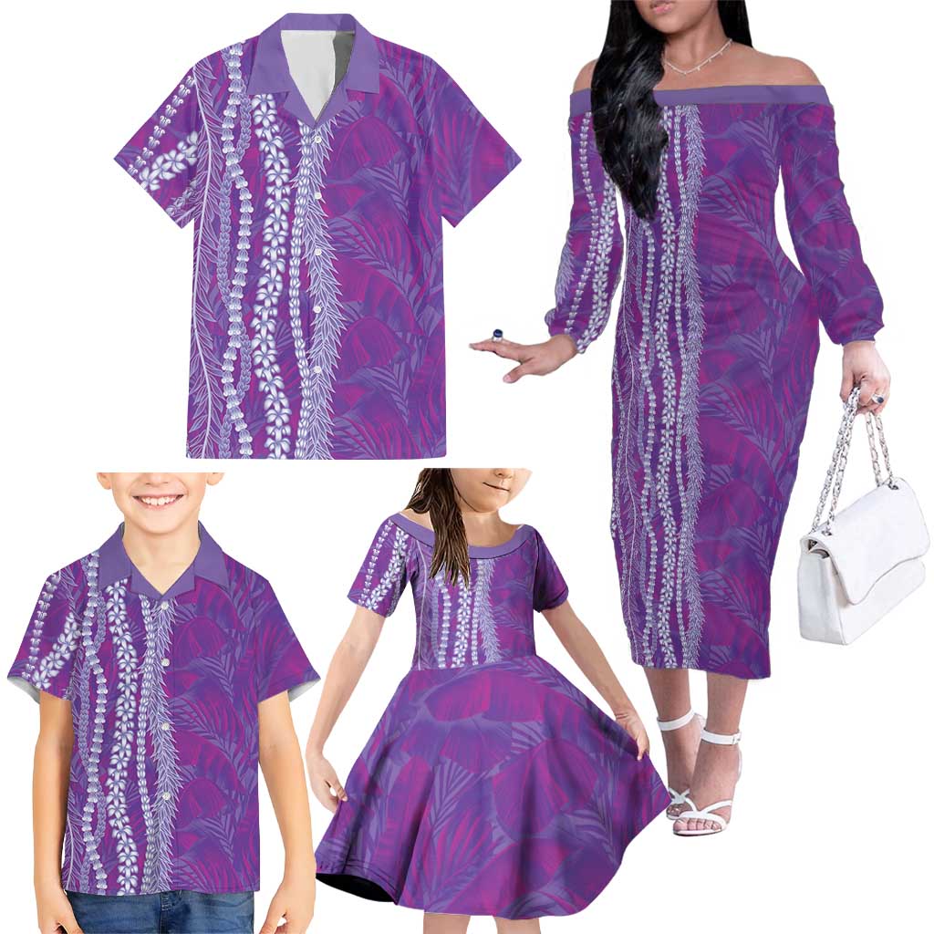 Hawaii Prince Kuhio Family Matching Off The Shoulder Long Sleeve Dress and Hawaiian Shirt Violet Hawaiian Lau Maia With Leis LT05 - Polynesian Pride