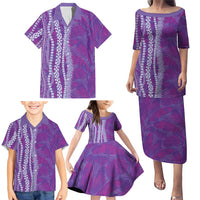 Hawaii Prince Kuhio Family Matching Puletasi and Hawaiian Shirt Violet Hawaiian Lau Maia With Leis