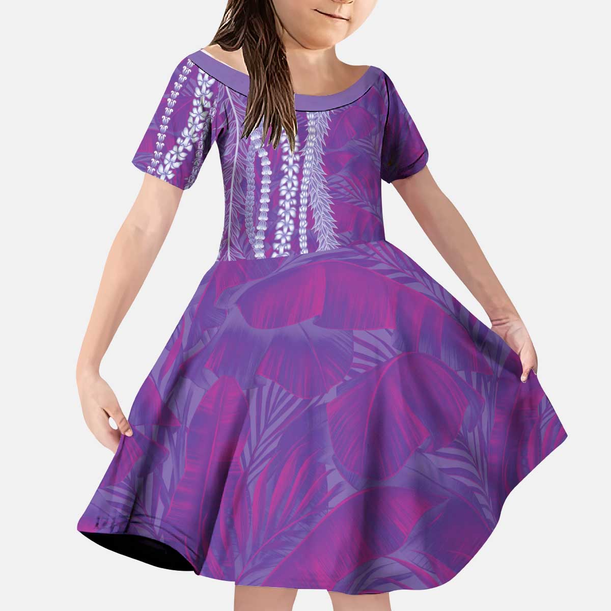 Hawaii Prince Kuhio Kid Short Sleeve Dress Violet Hawaiian Lau Maia With Leis LT05 KID Violet - Polynesian Pride