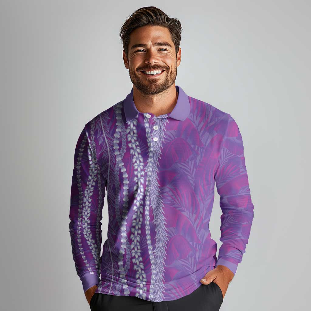 Hawaii Prince Kuhio Long Sleeve Polo Shirt Violet Hawaiian Lau Maia With Leis LT05 - Polynesian Pride