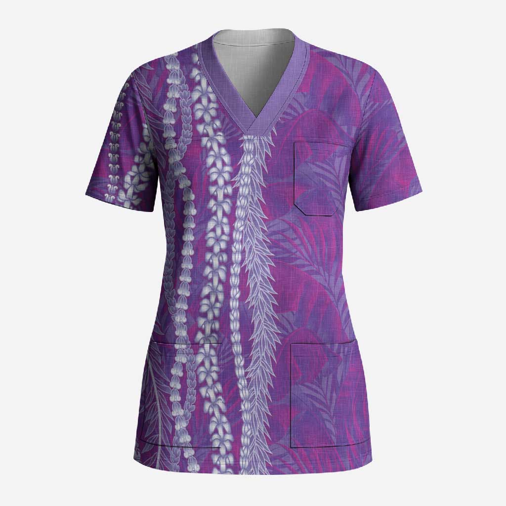 Hawaii Prince Kuhio Scrub Top Violet Hawaiian Lau Maia With Leis