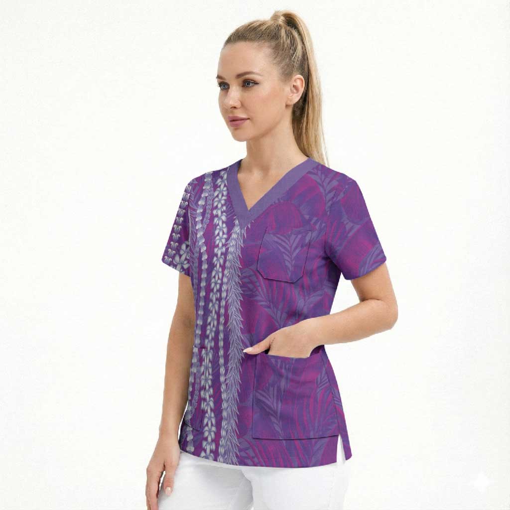Hawaii Prince Kuhio Scrub Top Violet Hawaiian Lau Maia With Leis