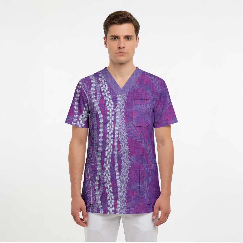 Hawaii Prince Kuhio Scrub Top Violet Hawaiian Lau Maia With Leis