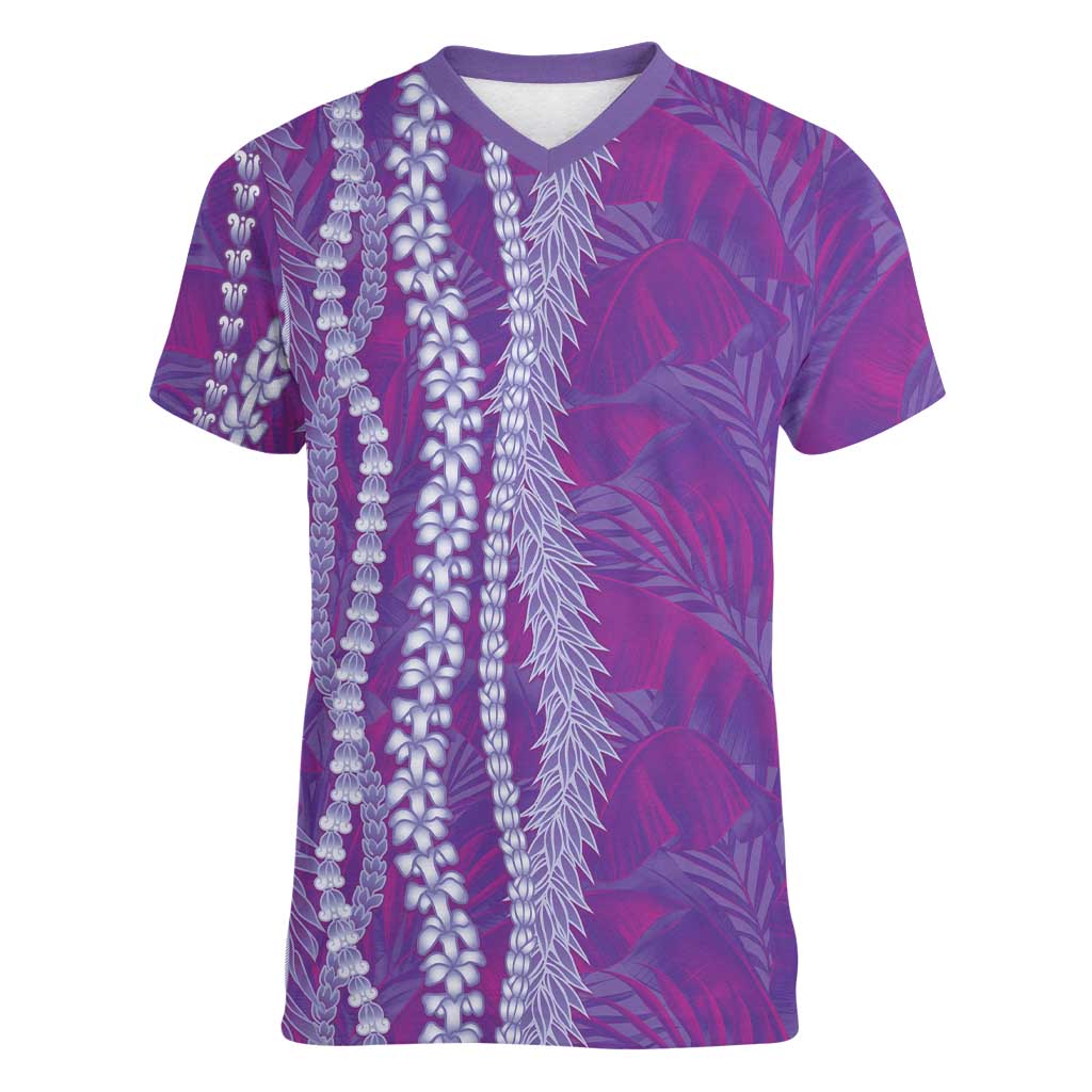 Hawaii Prince Kuhio Women V-Neck T-Shirt Violet Hawaiian Lau Maia With Leis LT05 Female Violet - Polynesian Pride