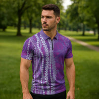 Hawaii Prince Kuhio Zipper Polo Shirt Violet Hawaiian Lau Maia With Leis LT05 - Polynesian Pride