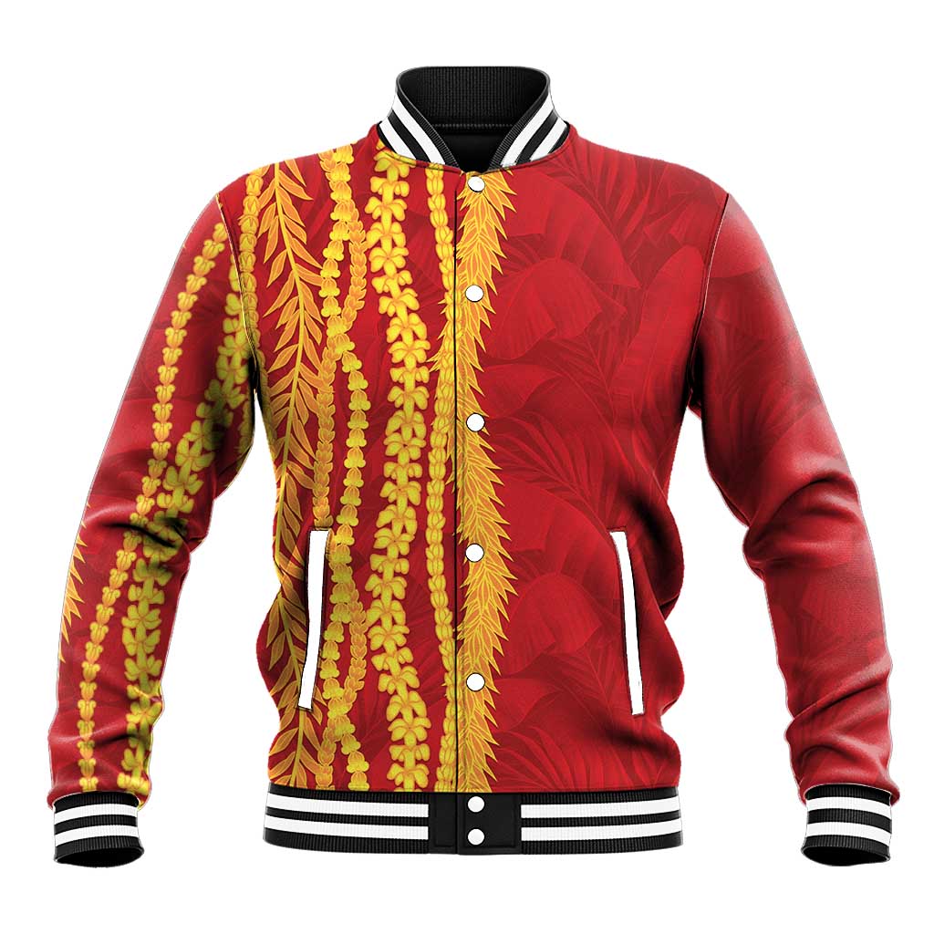 Hawaii Prince Kuhio Baseball Jacket Red Hawaiian Lau Maia With Leis LT05 Unisex Red - Polynesian Pride