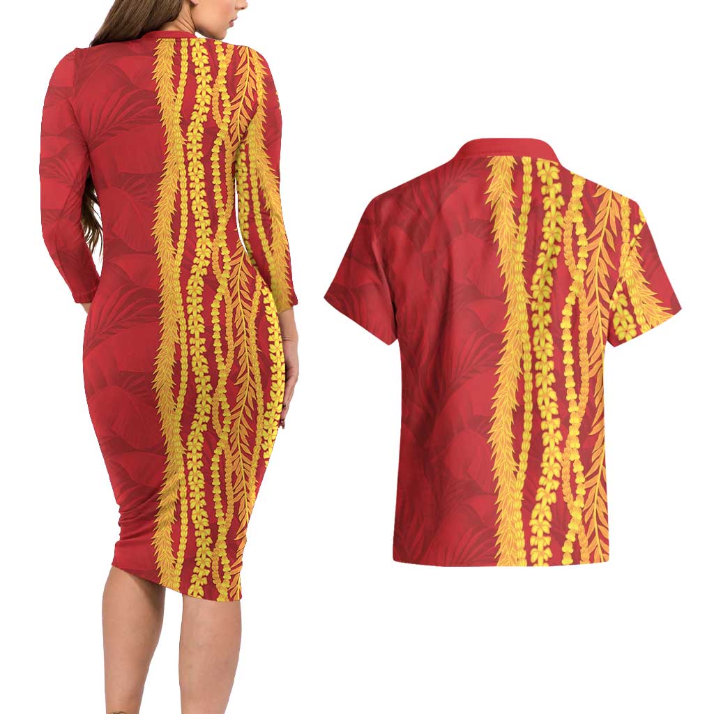 Hawaii Prince Kuhio Couples Matching Long Sleeve Bodycon Dress and Hawaiian Shirt Red Hawaiian Lau Maia With Leis