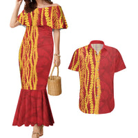 Hawaii Prince Kuhio Couples Matching Mermaid Dress and Hawaiian Shirt Red Hawaiian Lau Maia With Leis