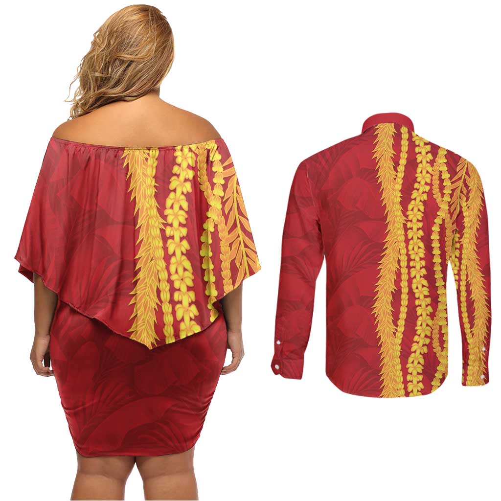 Hawaii Prince Kuhio Couples Matching Off Shoulder Short Dress and Long Sleeve Button Shirt Red Hawaiian Lau Maia With Leis LT05 - Polynesian Pride