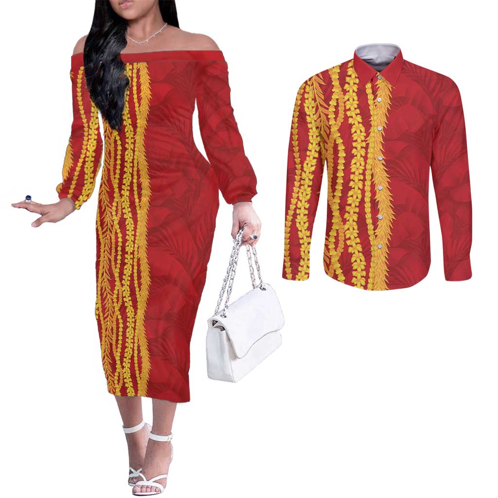 Hawaii Prince Kuhio Couples Matching Off The Shoulder Long Sleeve Dress and Long Sleeve Button Shirt Red Hawaiian Lau Maia With Leis LT05 Red - Polynesian Pride