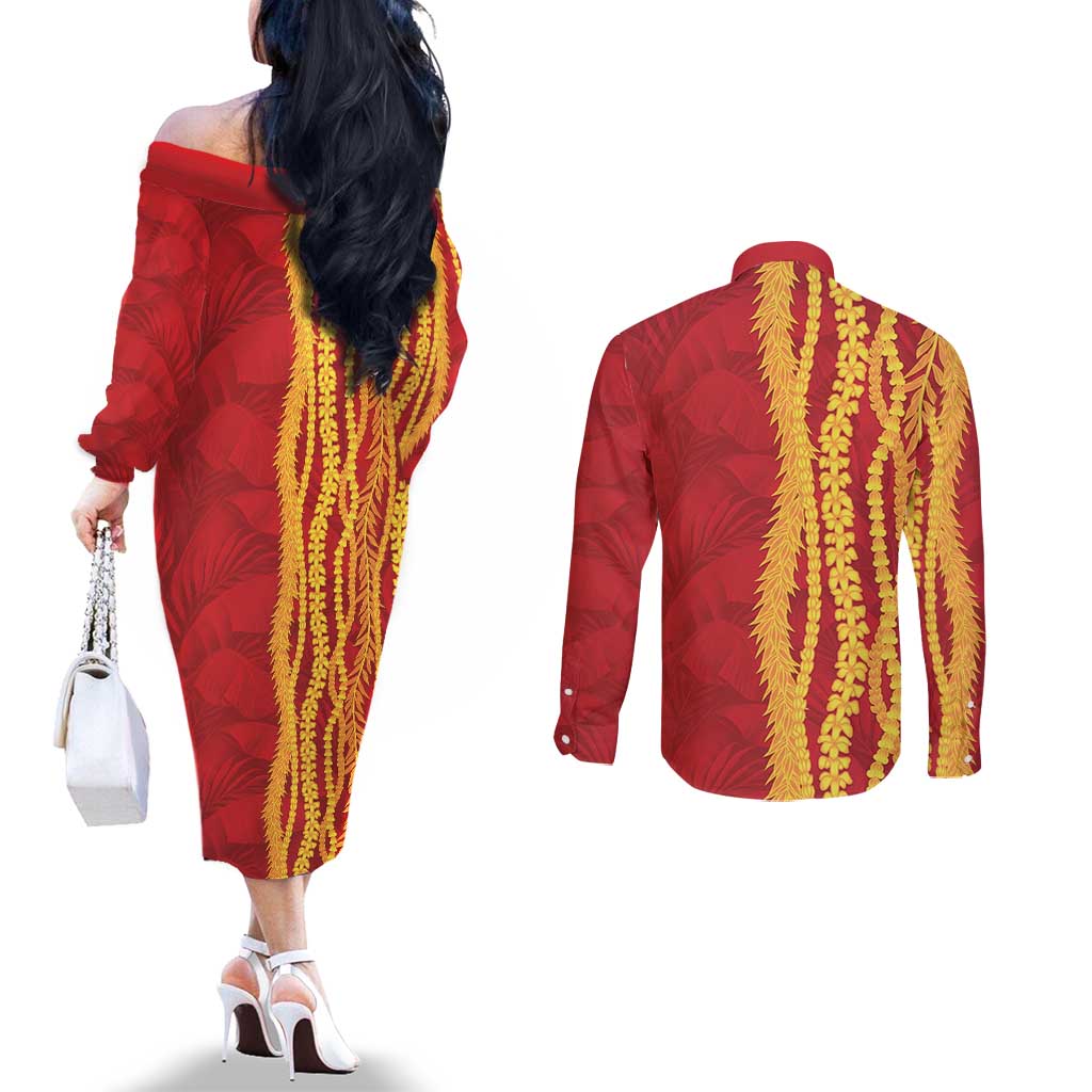 Hawaii Prince Kuhio Couples Matching Off The Shoulder Long Sleeve Dress and Long Sleeve Button Shirt Red Hawaiian Lau Maia With Leis LT05 - Polynesian Pride