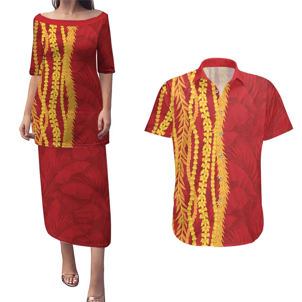 Hawaii Prince Kuhio Couples Matching Puletasi and Hawaiian Shirt Red Hawaiian Lau Maia With Leis LT05 Red - Polynesian Pride