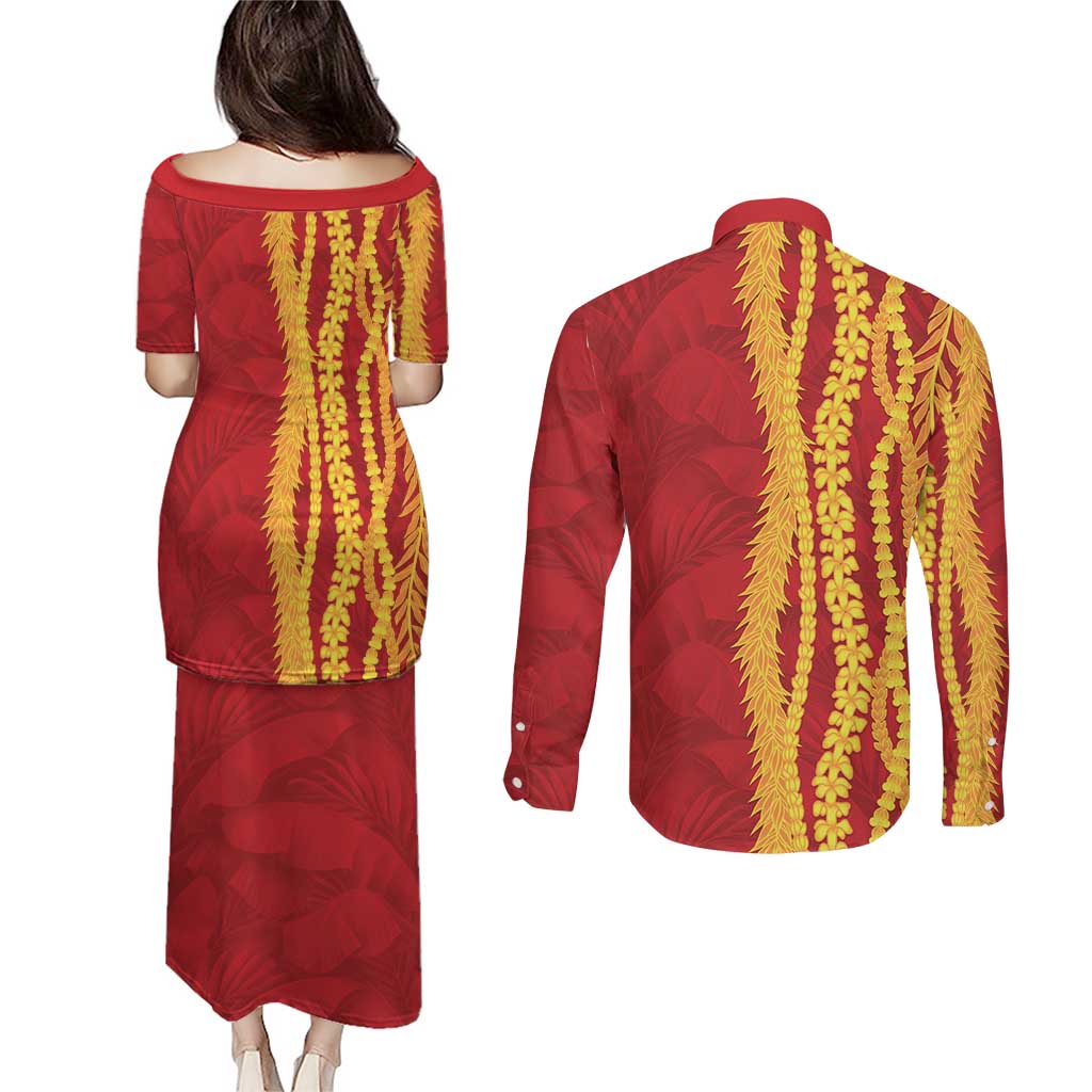 Hawaii Prince Kuhio Couples Matching Puletasi and Long Sleeve Button Shirt Red Hawaiian Lau Maia With Leis LT05 - Polynesian Pride
