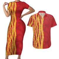 Hawaii Prince Kuhio Couples Matching Short Sleeve Bodycon Dress and Hawaiian Shirt Red Hawaiian Lau Maia With Leis