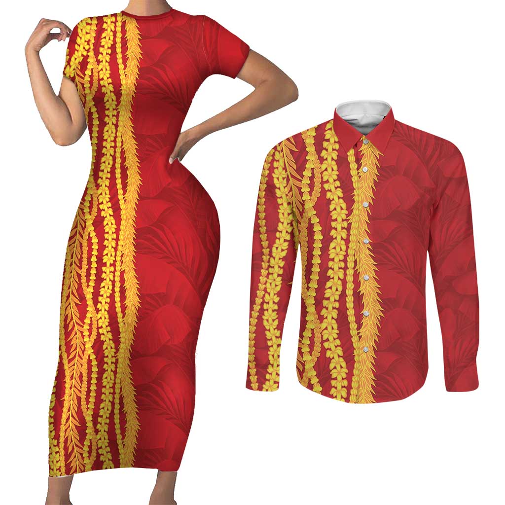 Hawaii Prince Kuhio Couples Matching Short Sleeve Bodycon Dress and Long Sleeve Button Shirt Red Hawaiian Lau Maia With Leis LT05 Red - Polynesian Pride