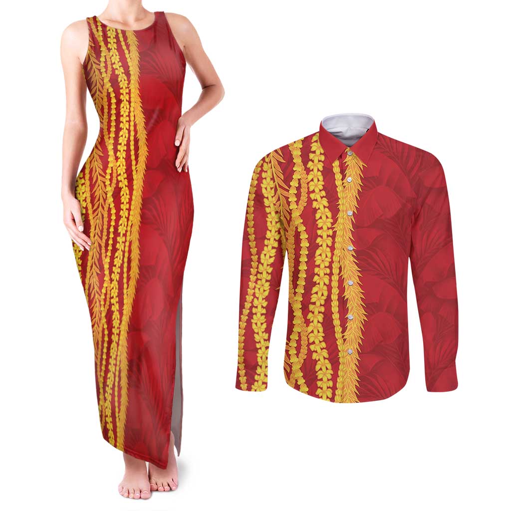Hawaii Prince Kuhio Couples Matching Tank Maxi Dress and Long Sleeve Button Shirt Red Hawaiian Lau Maia With Leis LT05 Red - Polynesian Pride