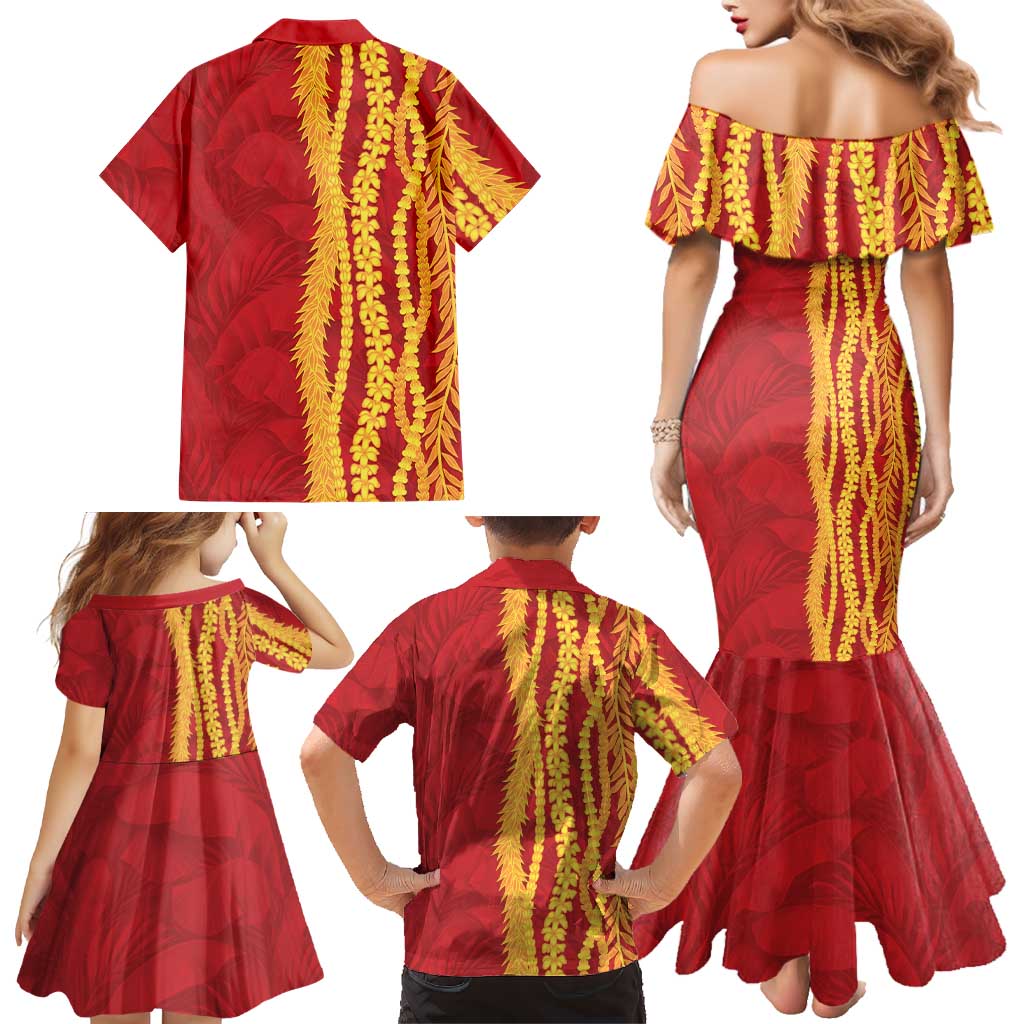 Hawaii Prince Kuhio Family Matching Mermaid Dress and Hawaiian Shirt Red Hawaiian Lau Maia With Leis LT05 - Polynesian Pride