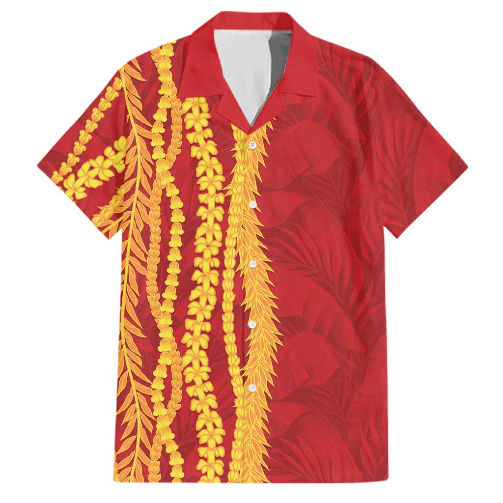 Hawaii Prince Kuhio Family Matching Mermaid Dress and Hawaiian Shirt Red Hawaiian Lau Maia With Leis LT05 Dad's Shirt - Short Sleeve Red - Polynesian Pride
