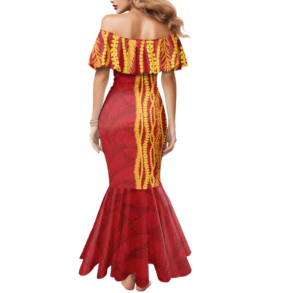 Hawaii Prince Kuhio Family Matching Mermaid Dress and Hawaiian Shirt Red Hawaiian Lau Maia With Leis LT05 - Polynesian Pride