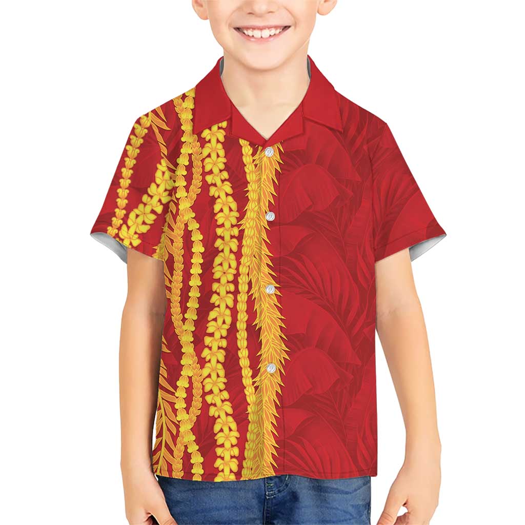 Hawaii Prince Kuhio Family Matching Off The Shoulder Long Sleeve Dress and Hawaiian Shirt Red Hawaiian Lau Maia With Leis LT05 Son's Shirt Red - Polynesian Pride