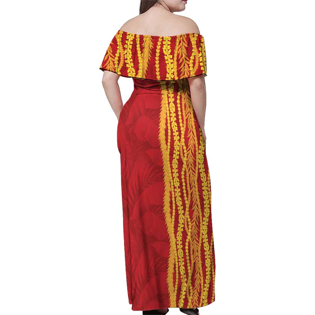 Hawaii Prince Kuhio Family Matching Off Shoulder Maxi Dress and Hawaiian Shirt Red Hawaiian Lau Maia With Leis LT05 - Polynesian Pride
