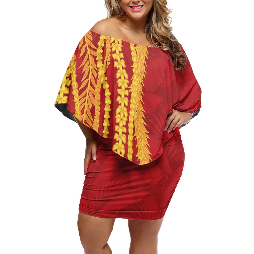 Hawaii Prince Kuhio Family Matching Off Shoulder Short Dress and Hawaiian Shirt Red Hawaiian Lau Maia With Leis LT05 Mom's Dress Red - Polynesian Pride