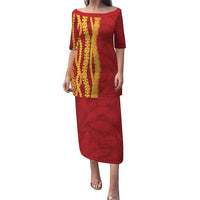 Hawaii Prince Kuhio Family Matching Puletasi and Hawaiian Shirt Red Hawaiian Lau Maia With Leis
