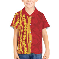 Hawaii Prince Kuhio Family Matching Short Sleeve Bodycon Dress and Hawaiian Shirt Red Hawaiian Lau Maia With Leis LT05 Son's Shirt Red - Polynesian Pride