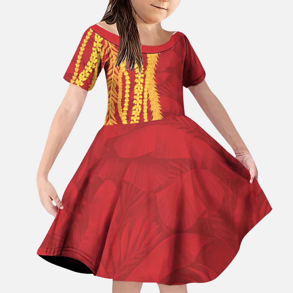 Hawaii Prince Kuhio Family Matching Summer Maxi Dress and Hawaiian Shirt Red Hawaiian Lau Maia With Leis LT05 Daughter's Dress Red - Polynesian Pride
