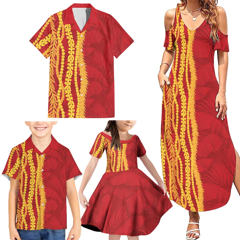 Hawaii Prince Kuhio Family Matching Summer Maxi Dress and Hawaiian Shirt Red Hawaiian Lau Maia With Leis LT05 - Polynesian Pride