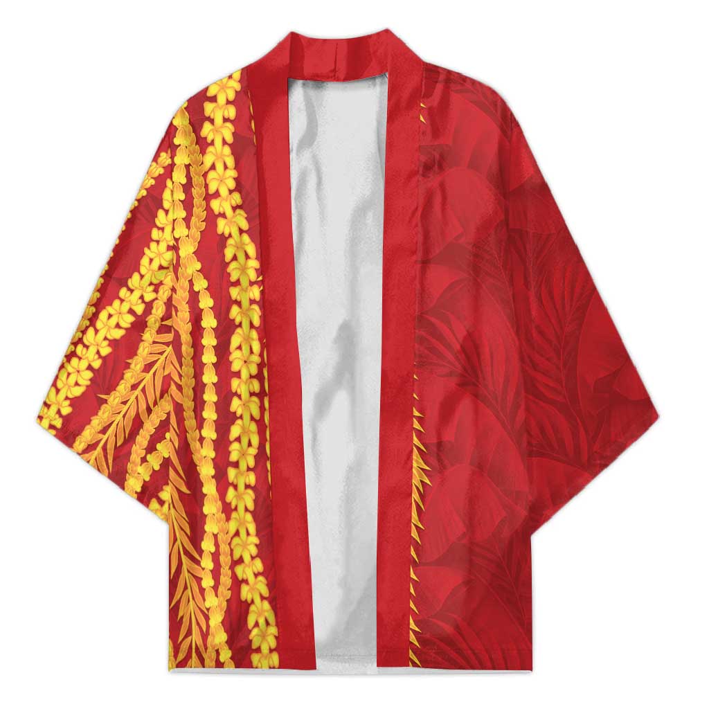 Hawaii Prince Kuhio Kimono Red Hawaiian Lau Maia With Leis LT05 Unisex Red - Polynesian Pride