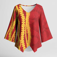 Hawaii Prince Kuhio Kimono Sleeve Blouse Red Hawaiian Lau Maia With Leis