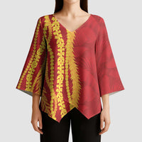 Hawaii Prince Kuhio Kimono Sleeve Blouse Red Hawaiian Lau Maia With Leis