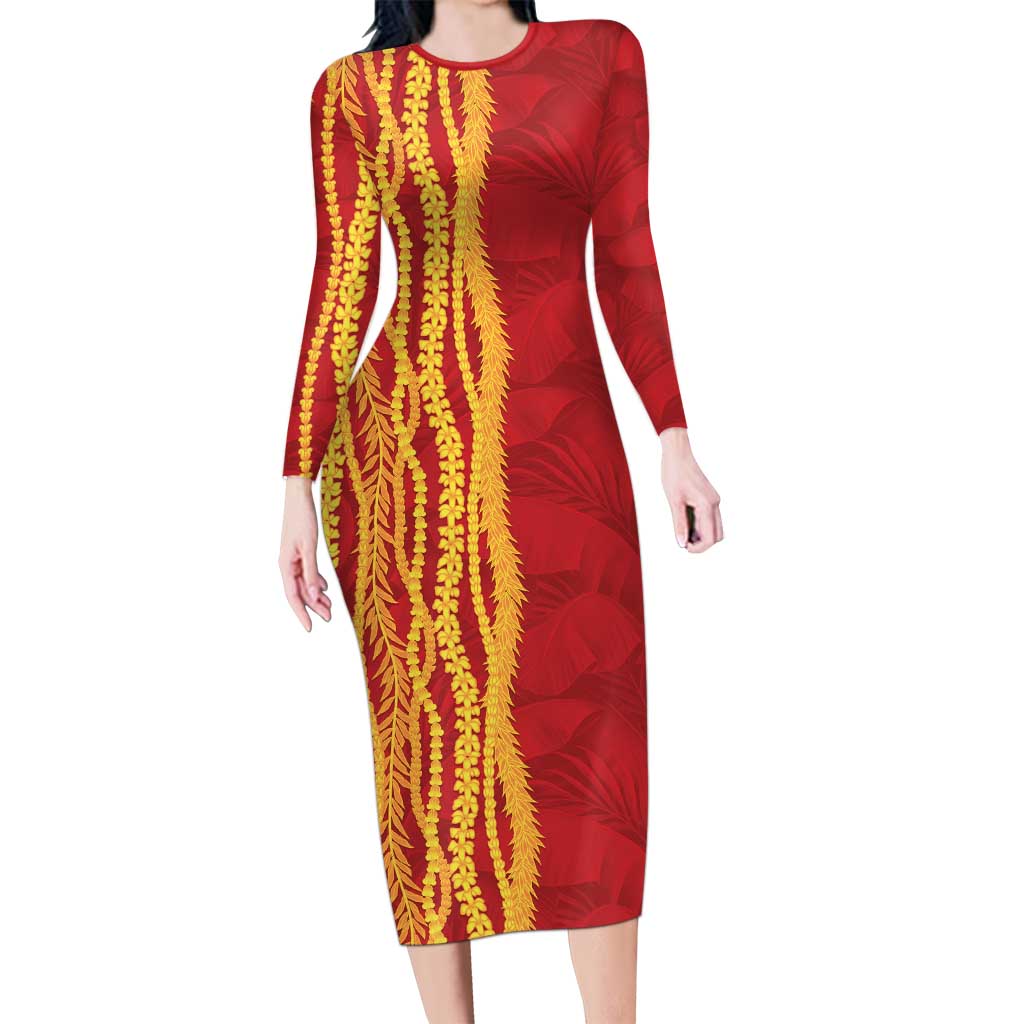 Hawaii Prince Kuhio Long Sleeve Bodycon Dress Red Hawaiian Lau Maia With Leis LT05 Long Dress Red - Polynesian Pride