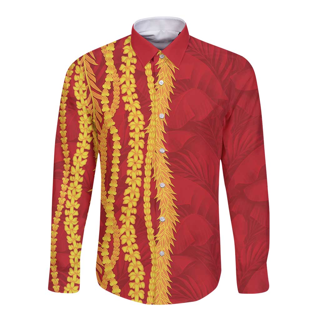Hawaii Prince Kuhio Long Sleeve Button Shirt Red Hawaiian Lau Maia With Leis LT05 Unisex Red - Polynesian Pride