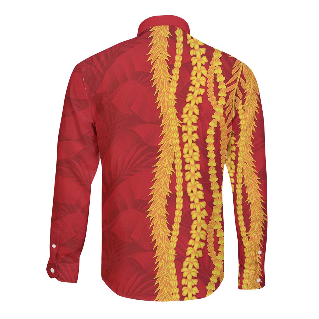 Hawaii Prince Kuhio Long Sleeve Button Shirt Red Hawaiian Lau Maia With Leis