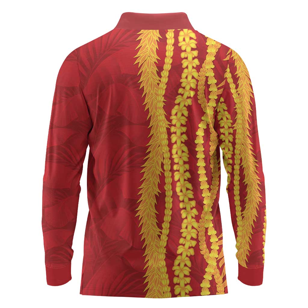 Hawaii Prince Kuhio Long Sleeve Polo Shirt Red Hawaiian Lau Maia With Leis LT05 - Polynesian Pride
