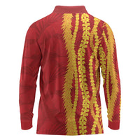 Hawaii Prince Kuhio Long Sleeve Polo Shirt Red Hawaiian Lau Maia With Leis LT05 - Polynesian Pride