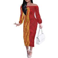 Hawaii Prince Kuhio Off The Shoulder Long Sleeve Dress Red Hawaiian Lau Maia With Leis