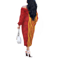 Hawaii Prince Kuhio Off The Shoulder Long Sleeve Dress Red Hawaiian Lau Maia With Leis