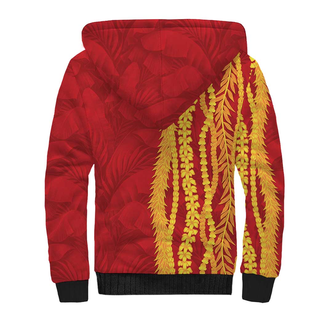 Hawaii Prince Kuhio Sherpa Hoodie Red Hawaiian Lau Maia With Leis LT05 - Polynesian Pride